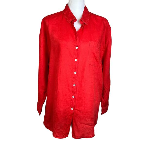 Christian Siriano Linen Shirt Women Medium Bright Red Oversized Minimalist Tunic - Picture 1 of 16